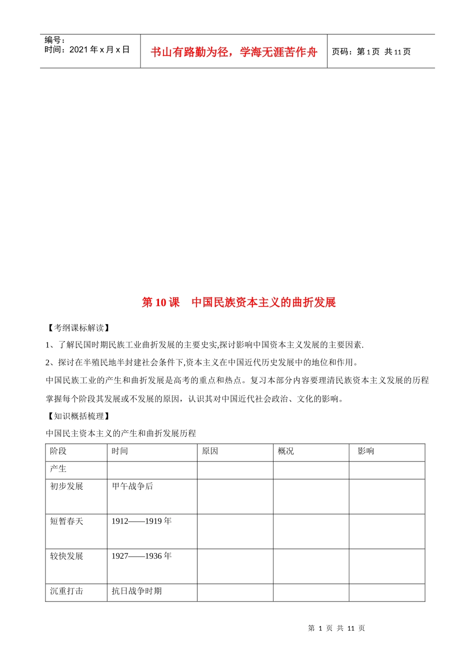 中国民族资本主义的曲折发展考试试题_第1页