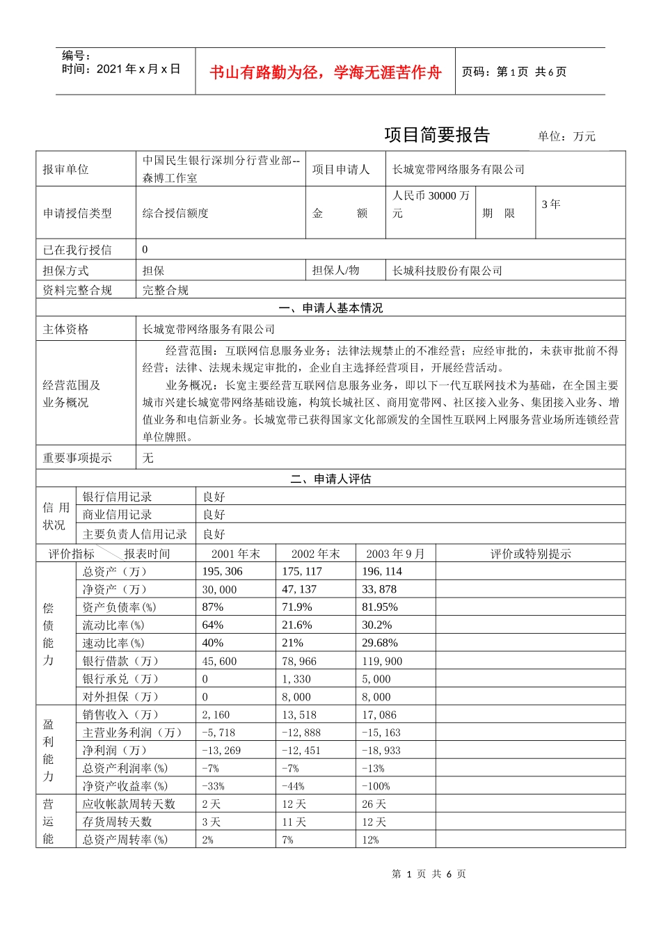 民生银行授信全套资料简要报告_第1页