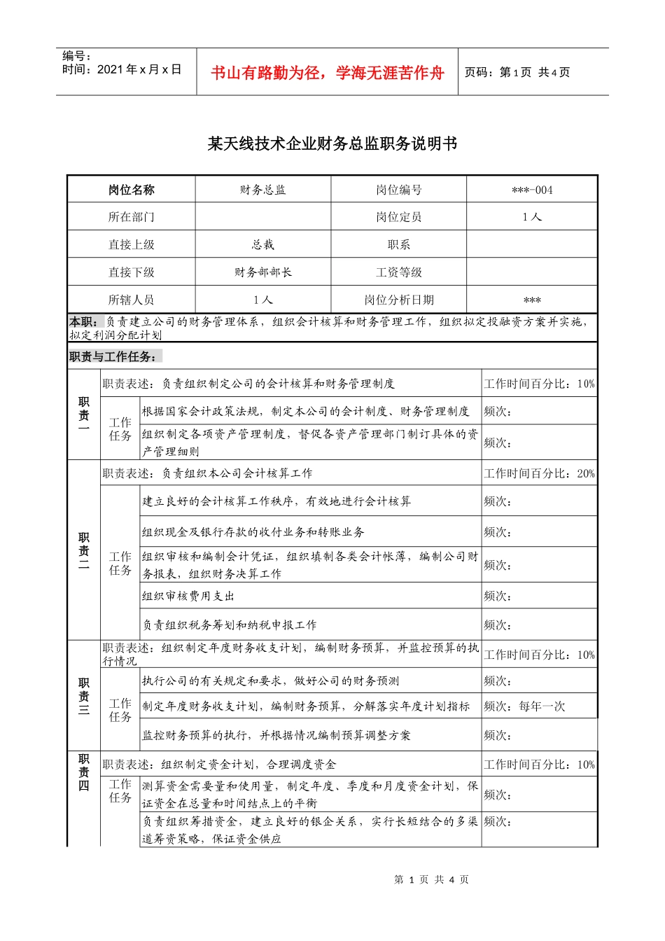 天线技术企业财务总监职务说明书_第1页