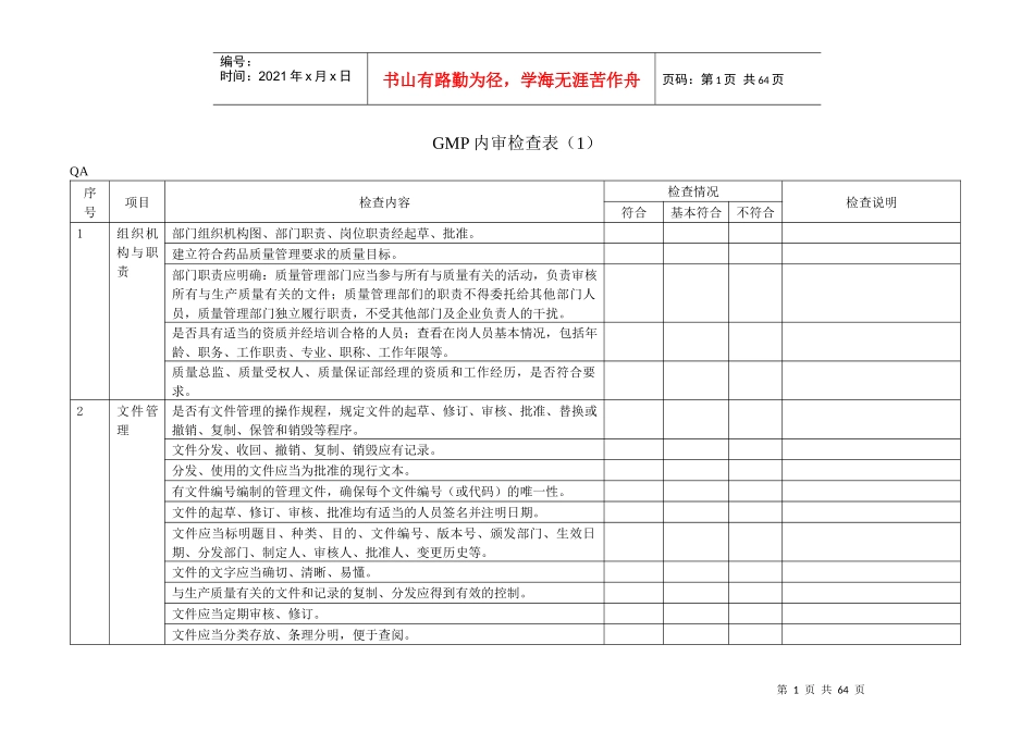 GMP内审检查表（DOC55页）_第1页