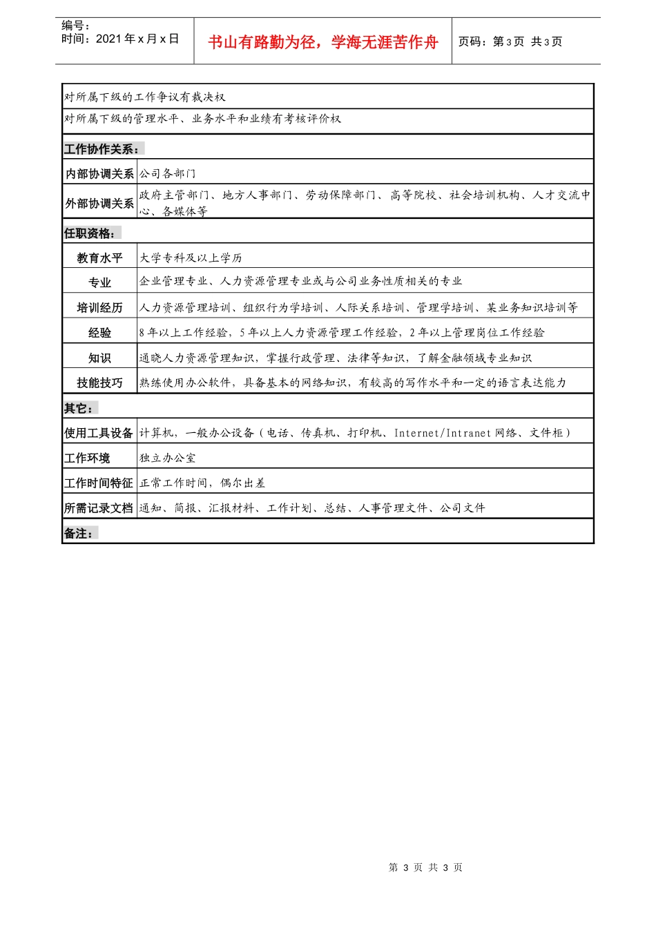 某投资公司人力资源部经理职务说明书_第3页