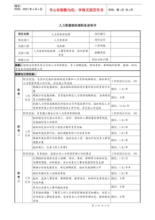 某投资公司人力资源部经理职务说明书
