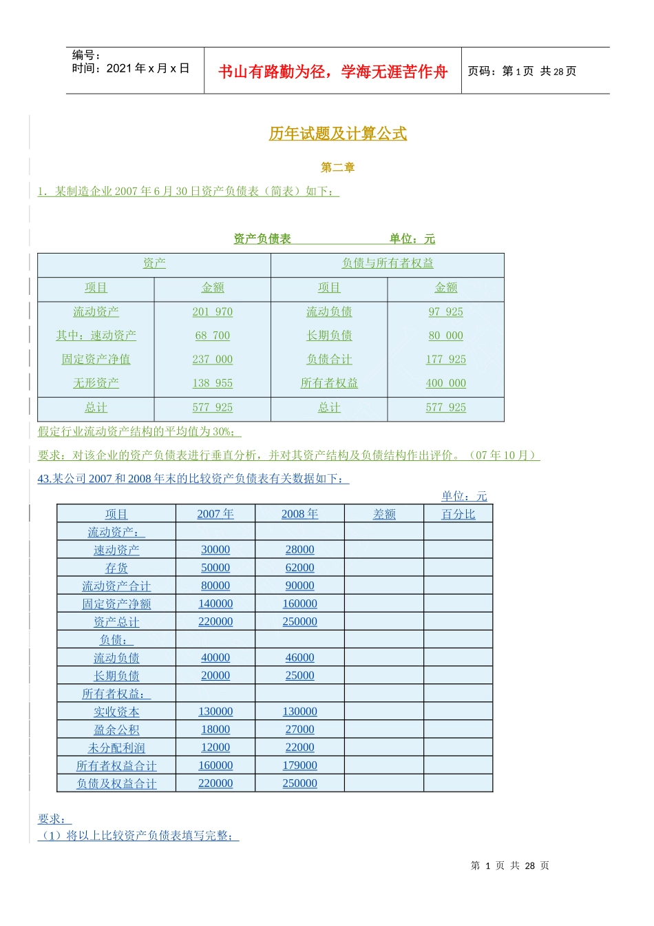 财务报表分析(一)历年计算题及公式_第1页