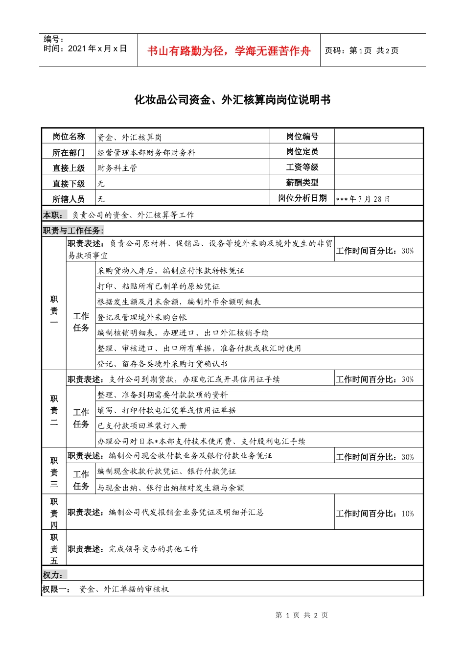 化妆品公司资金、外汇核算岗岗位说明书_第1页
