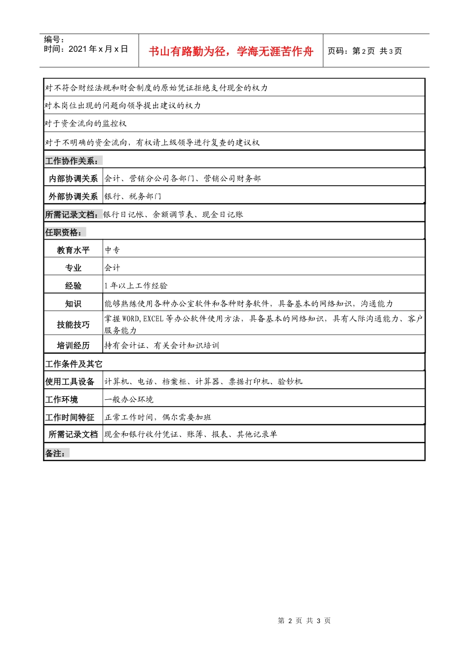 制鞋企业综合部出纳岗位说明书_第2页