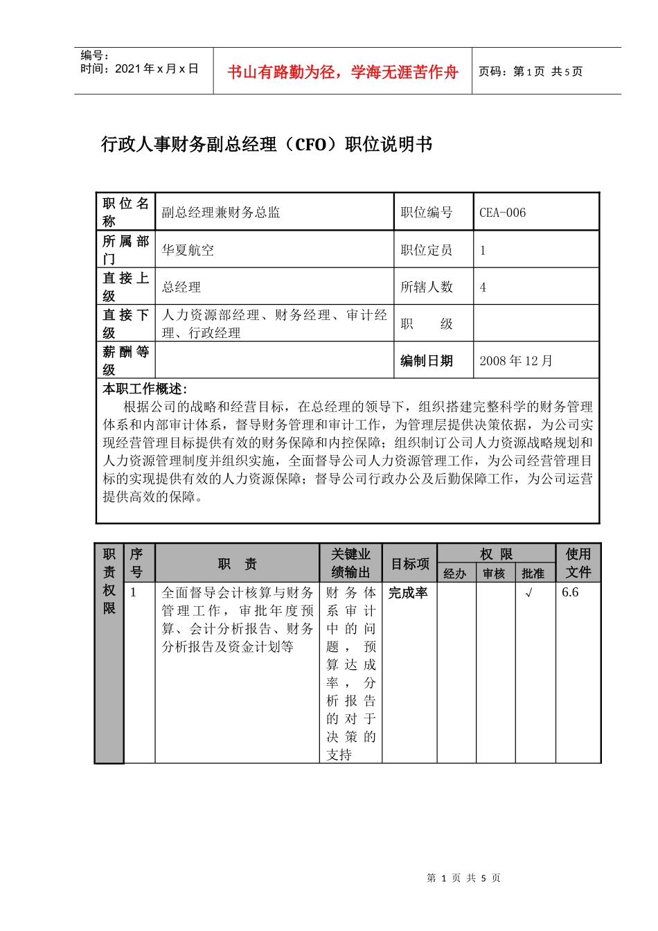 行政人事财务副总经理（cfo）职位说明书及关键绩效标准_第1页