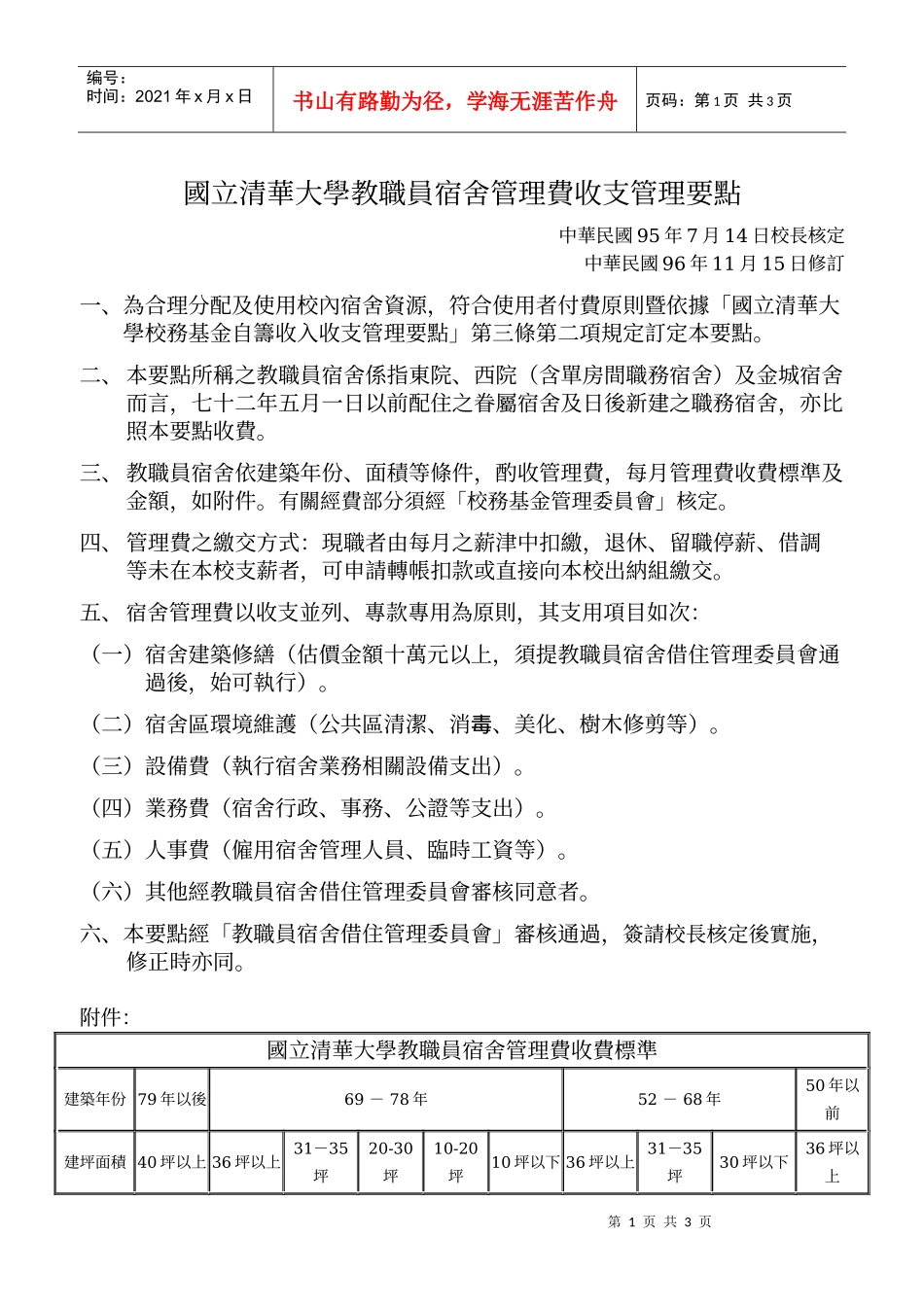 国立清华大学教职员宿舍管理费收支管理要点_第1页