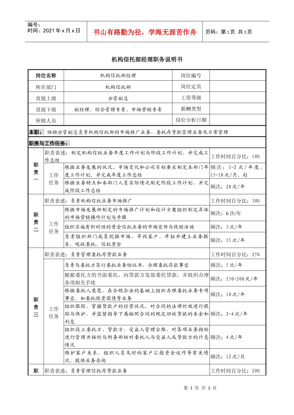 信托投资公司机构信托部经理职务说明书_第1页
