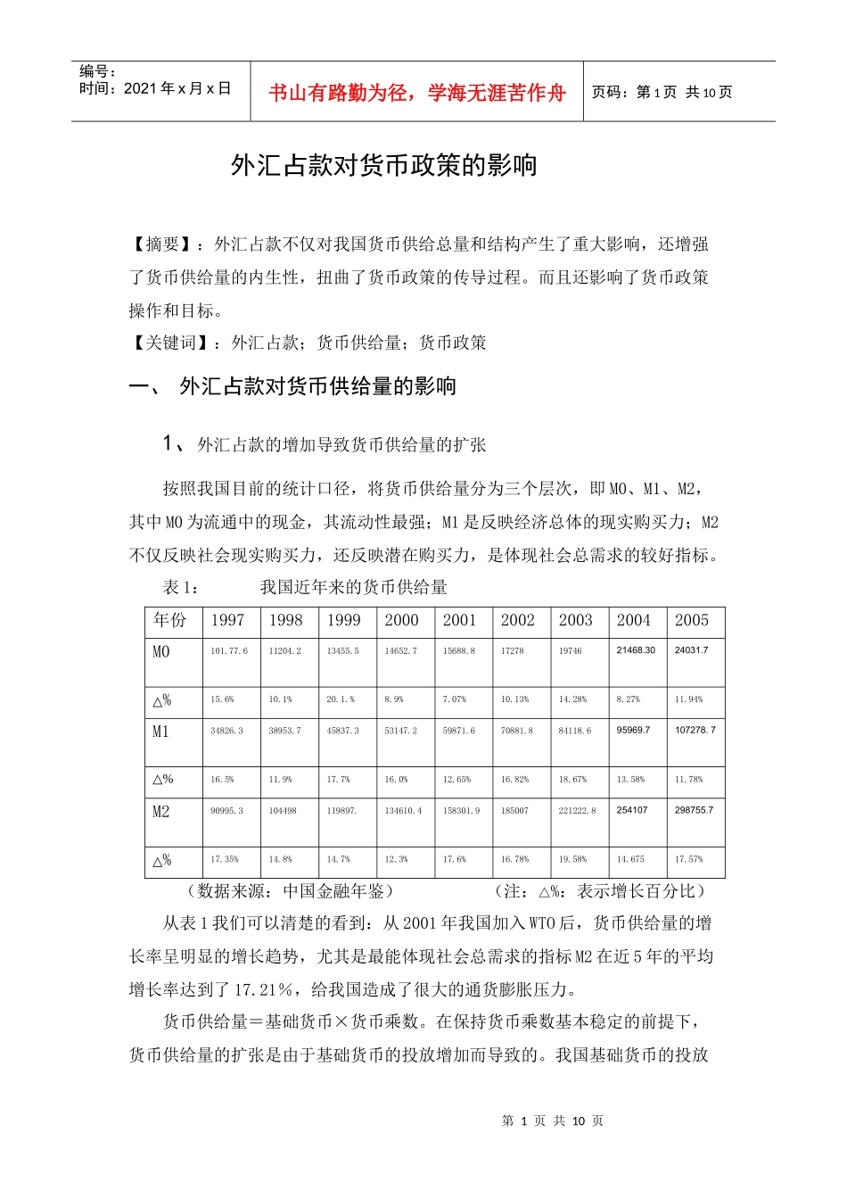(简体)外汇占款对货币政策的影响_第1页