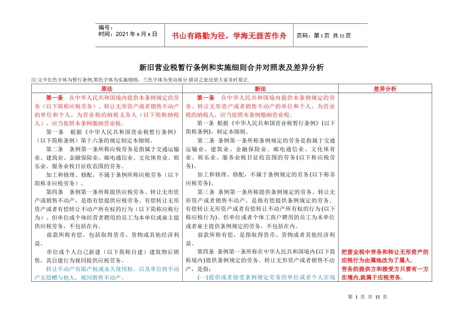 新旧营业税暂行条例和实施细则合并对照表及差异分析(DOC 13页)_第1页