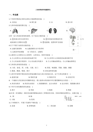 华师大科学八上人体的物质和能量的转化同步练习
