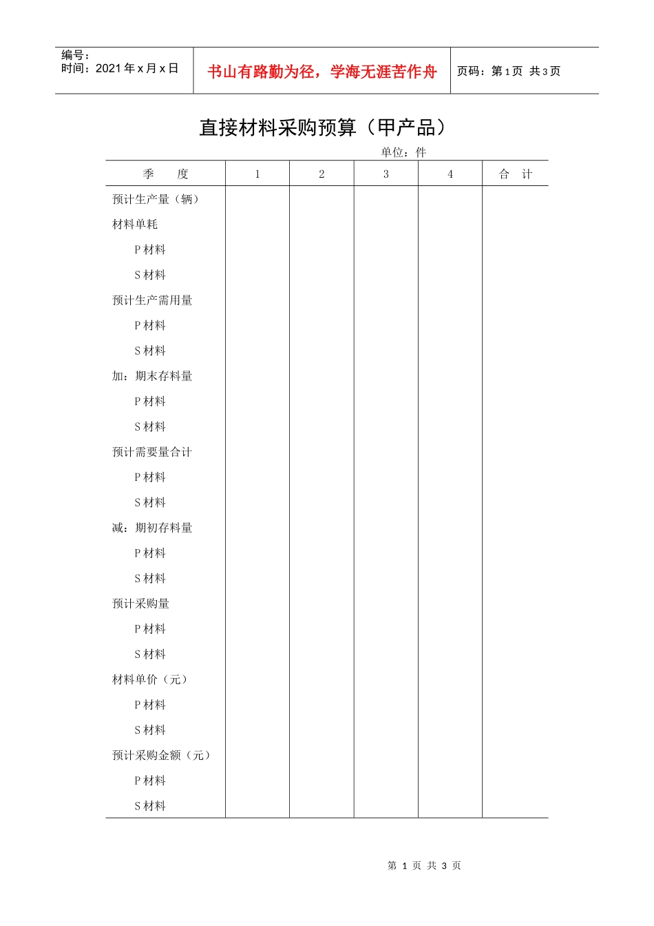 【财务表格】直接材料采购预算（甲产品）_第1页