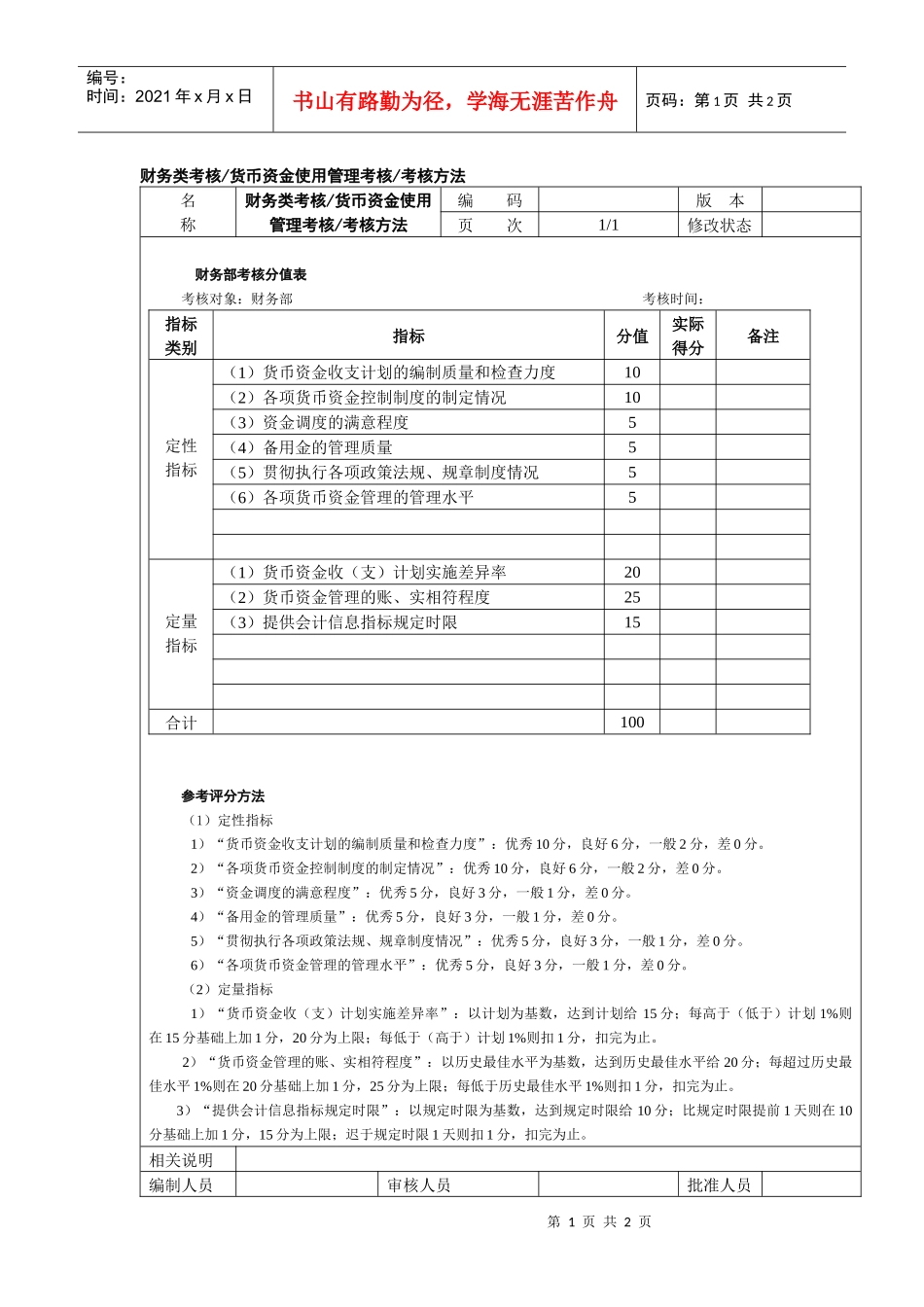 货币资金使用管理考核考核方法_第1页