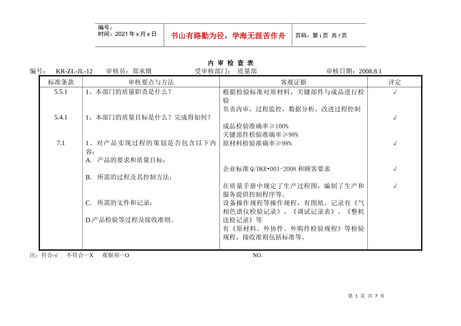内审检查表(质量部)_第1页