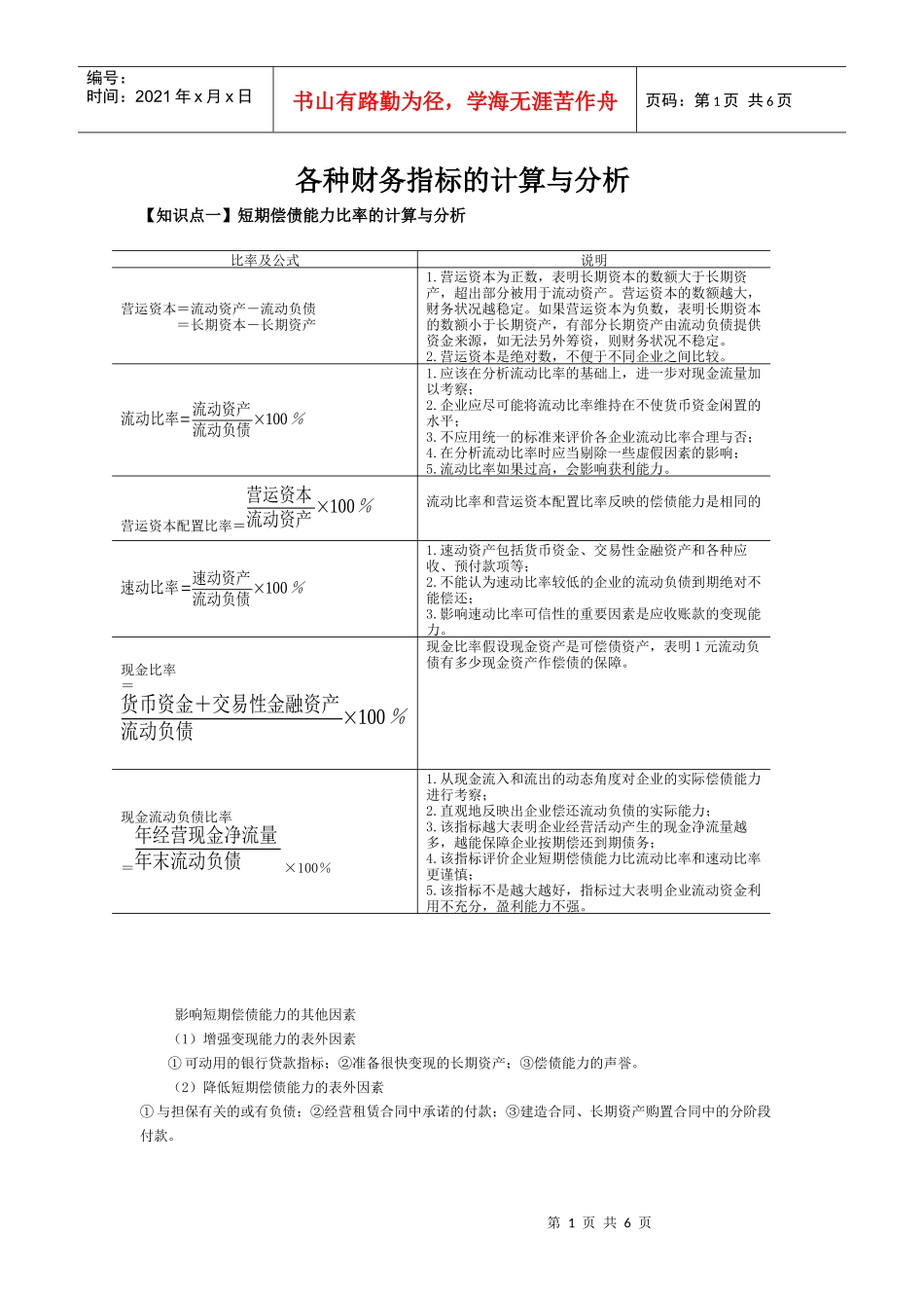 各种财务指标的计算与分析_第1页