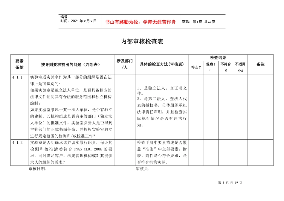 实验室认可内审检查表_第1页