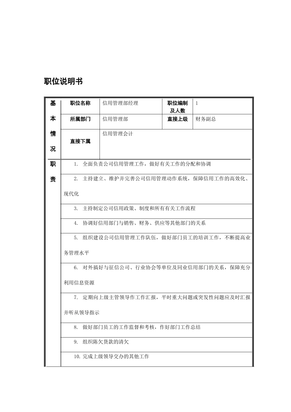 江动股份-信用管理部经理职务说明书_第1页