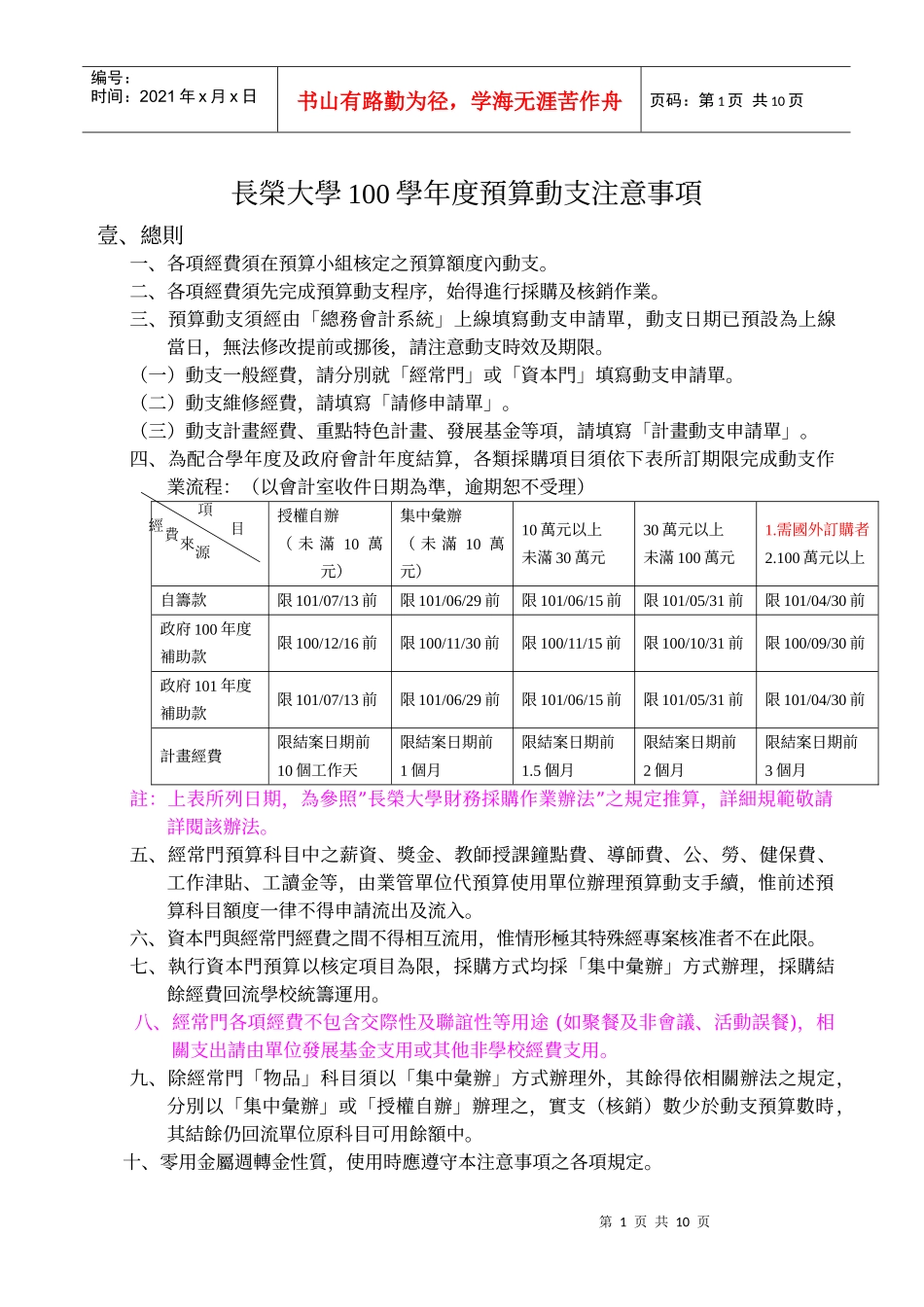 长荣大学100学年度预算动支注意事项_第1页