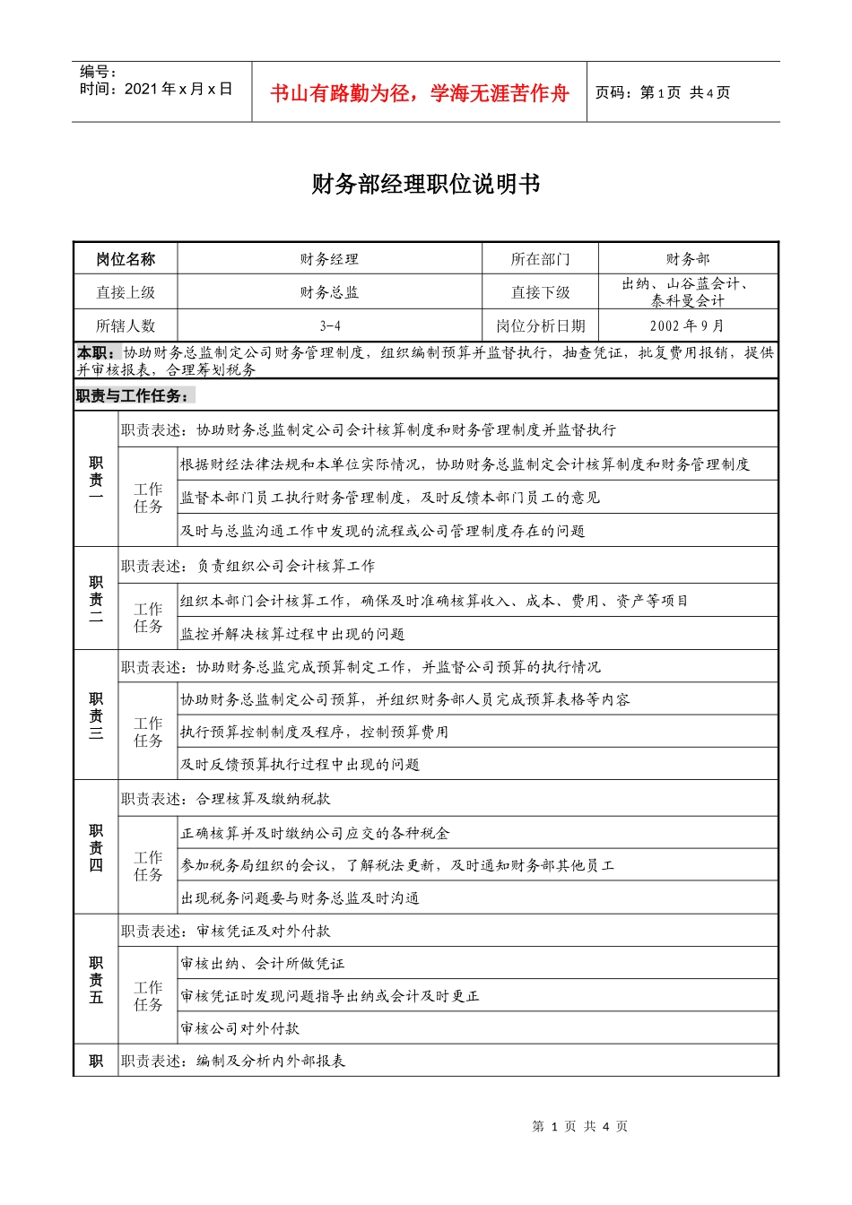 财务经理职位说明书_第1页