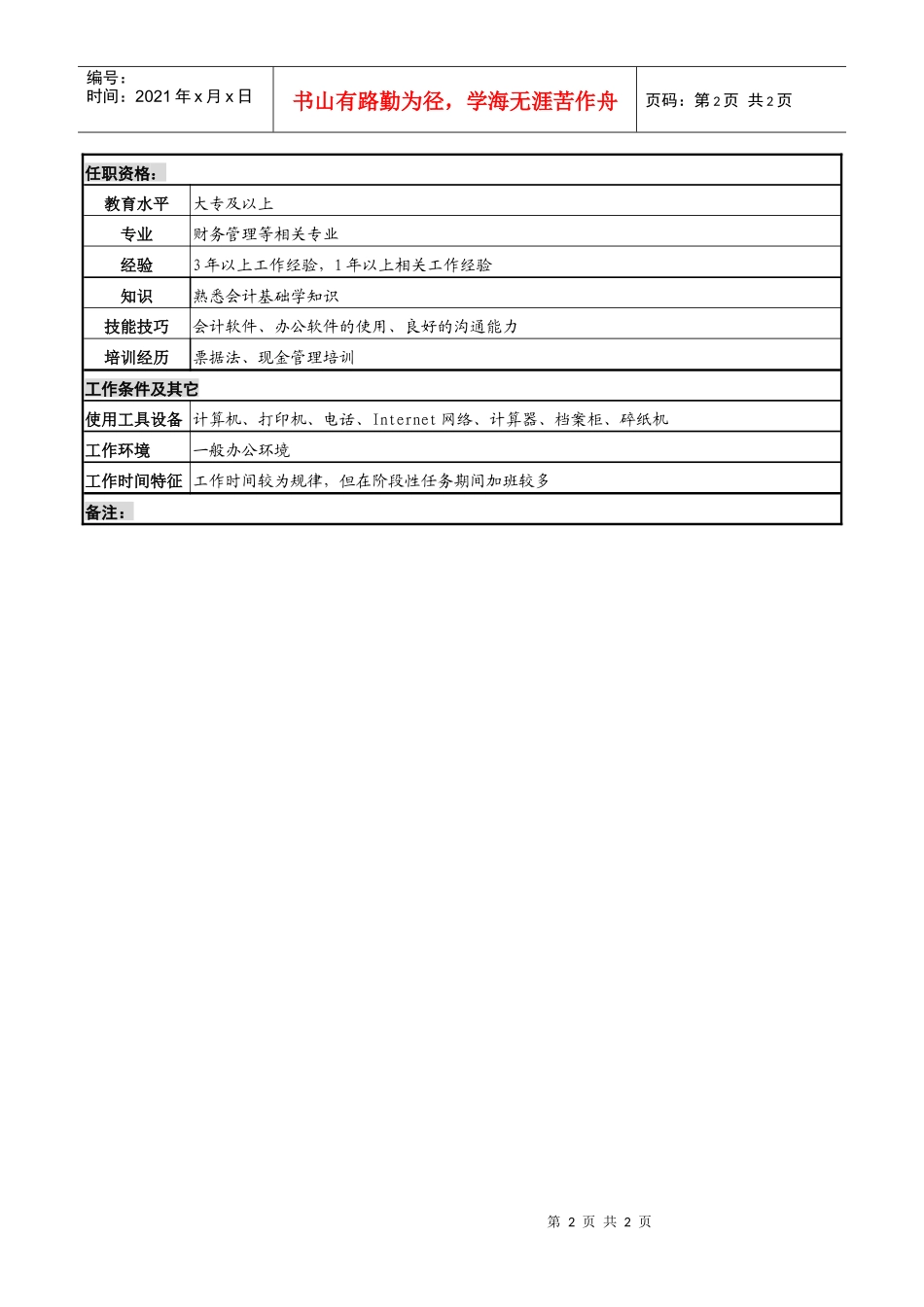 化妆品公司现金出纳岗岗位说明书_第2页