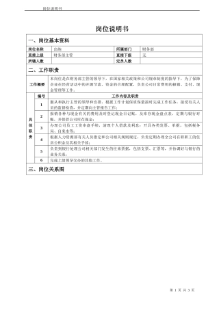 财务部出纳员岗位说明书