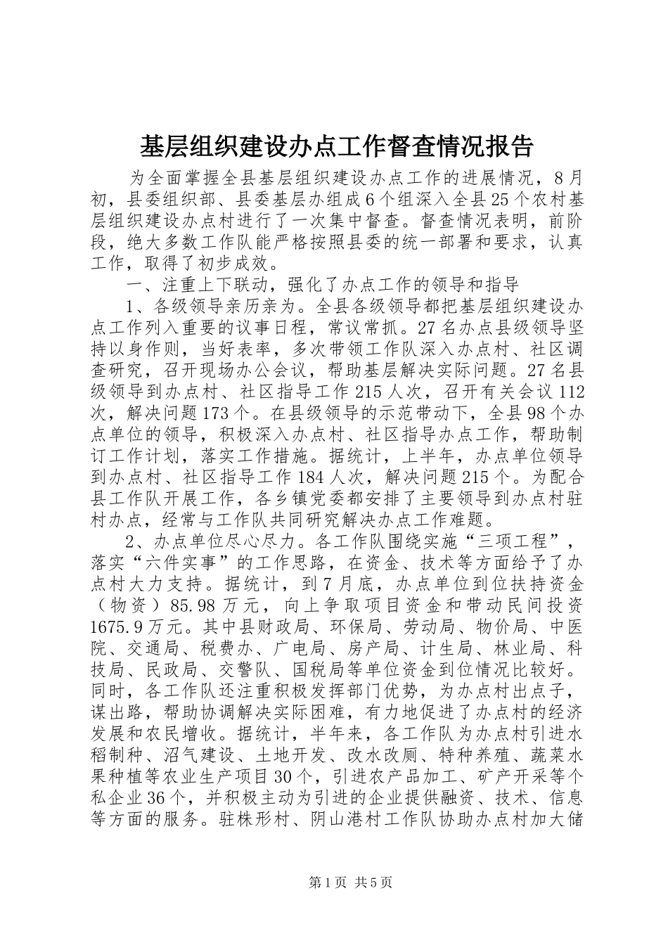 基层组织建设办点工作督查情况报告_第1页
