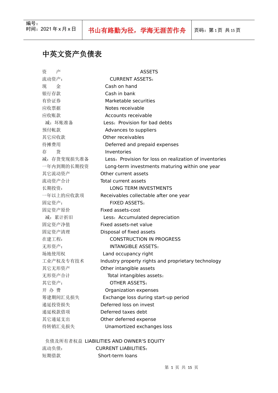 英文会计科目_第1页