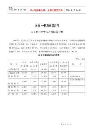 案例某投资集团二oo五年十二月份财务分析