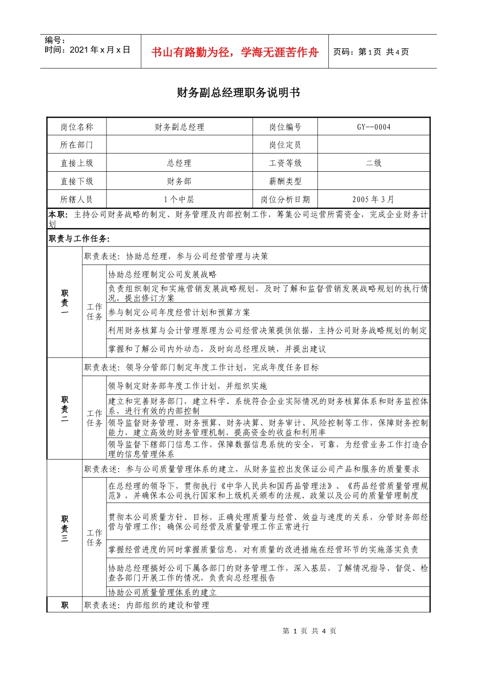 医药公司财务副总经理职务说明书_第1页