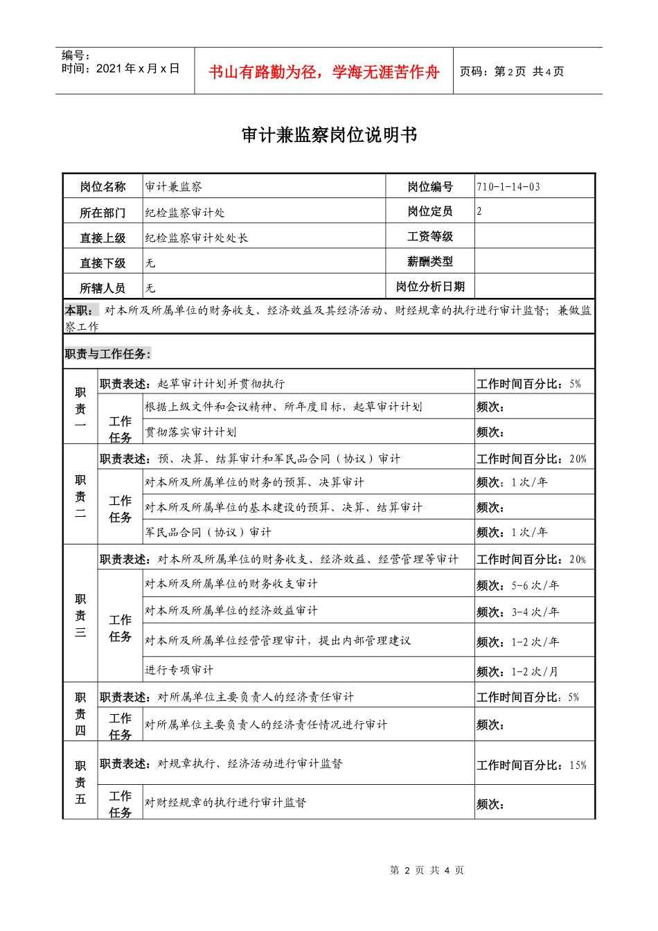 中船重工研究所纪检监察审计处审计兼监察岗位说明书_第2页