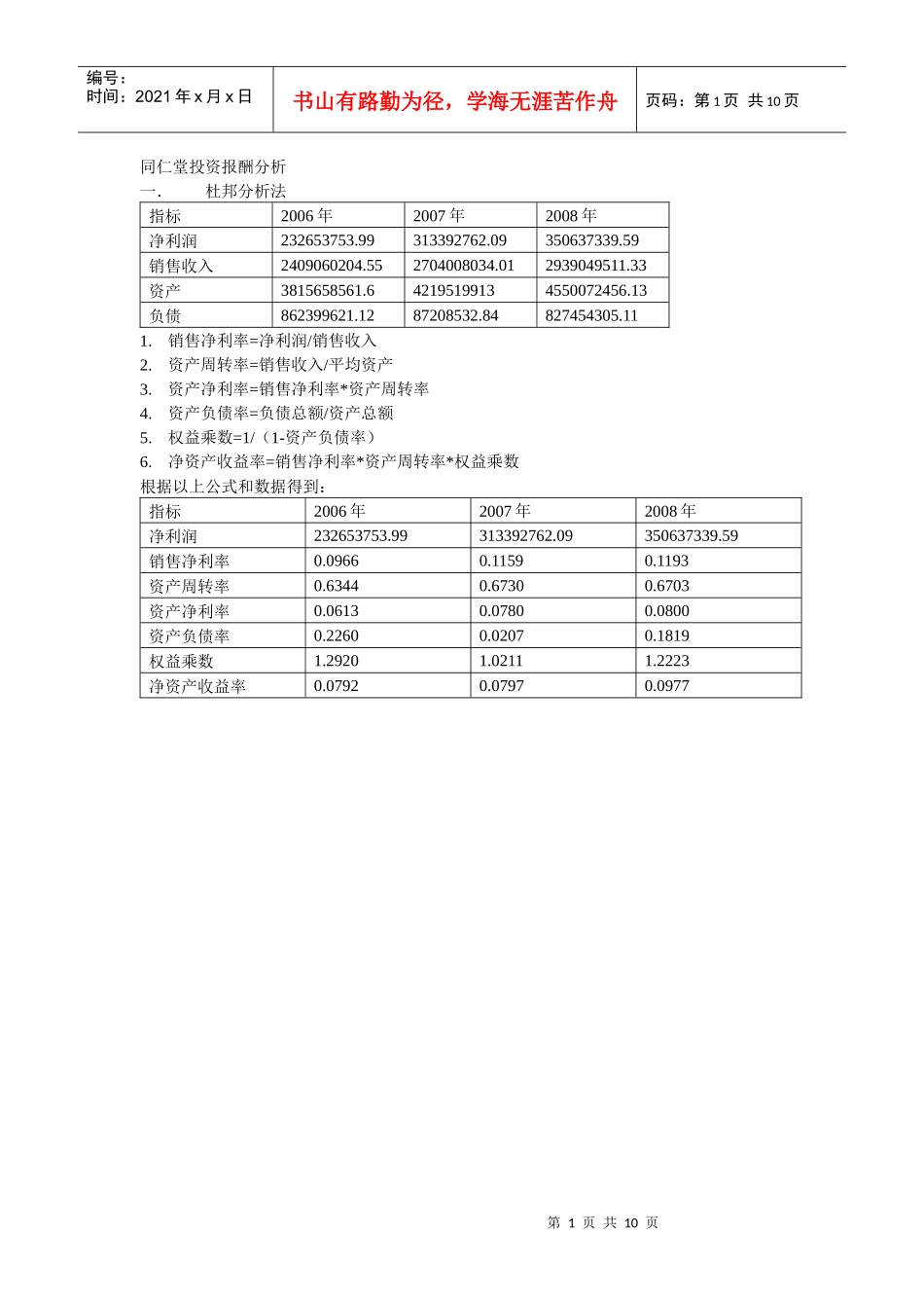 同仁堂投资报酬率分析_第1页