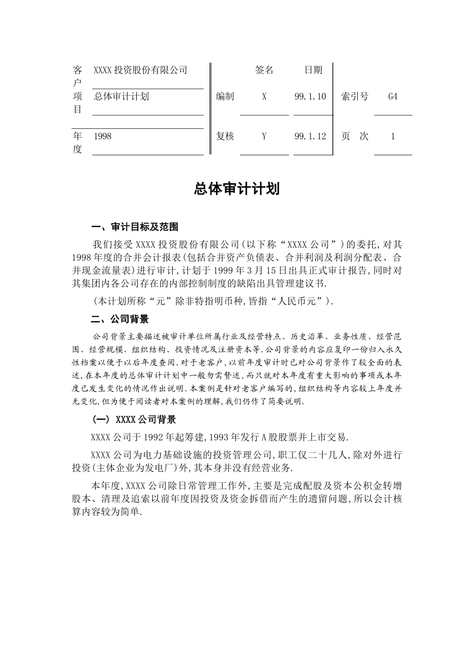 某投资公司总体审计计划_第1页