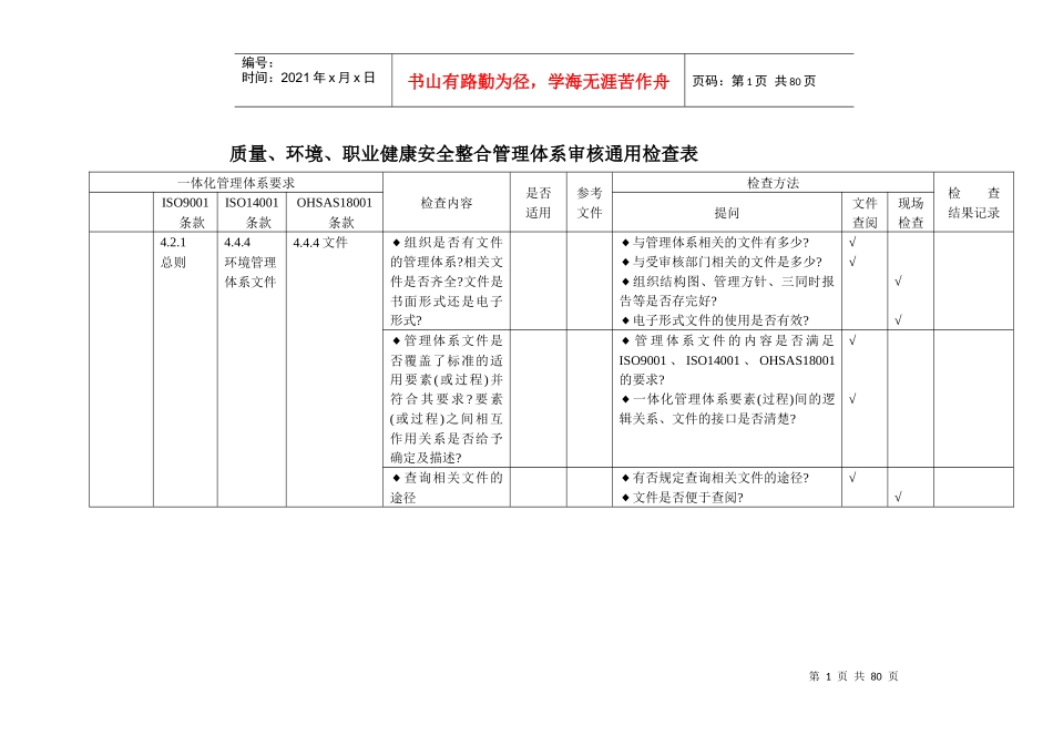 质量环境职业健康安全内审检查表_第1页