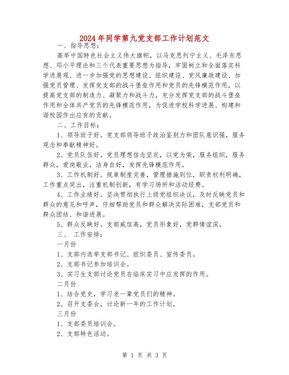 2024年学生第九党支部工作计划范文_第1页