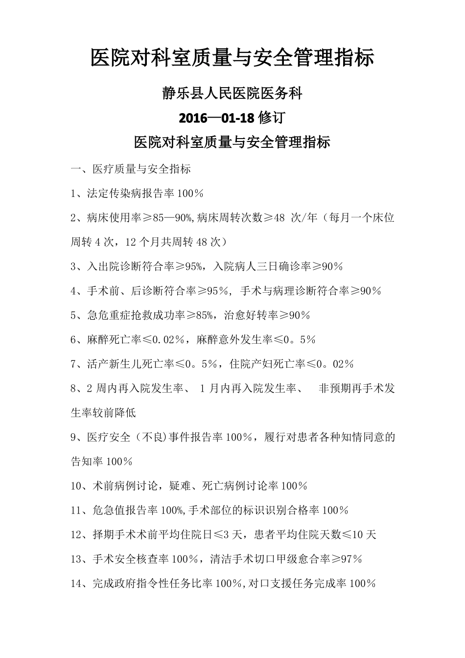 医院对科室质量与安全管理指标_第1页