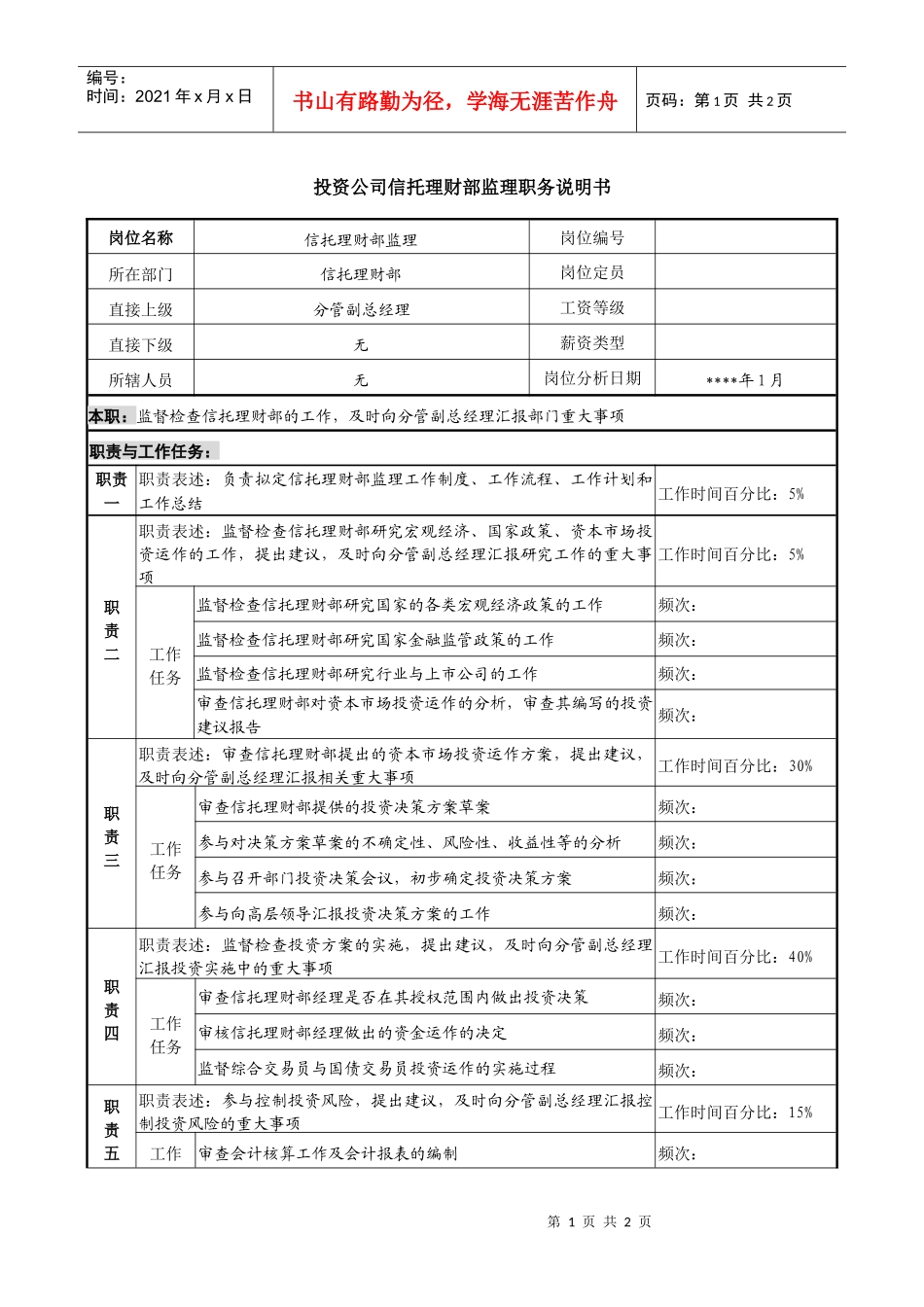 投资公司信托理财部监理职务说明书_第1页