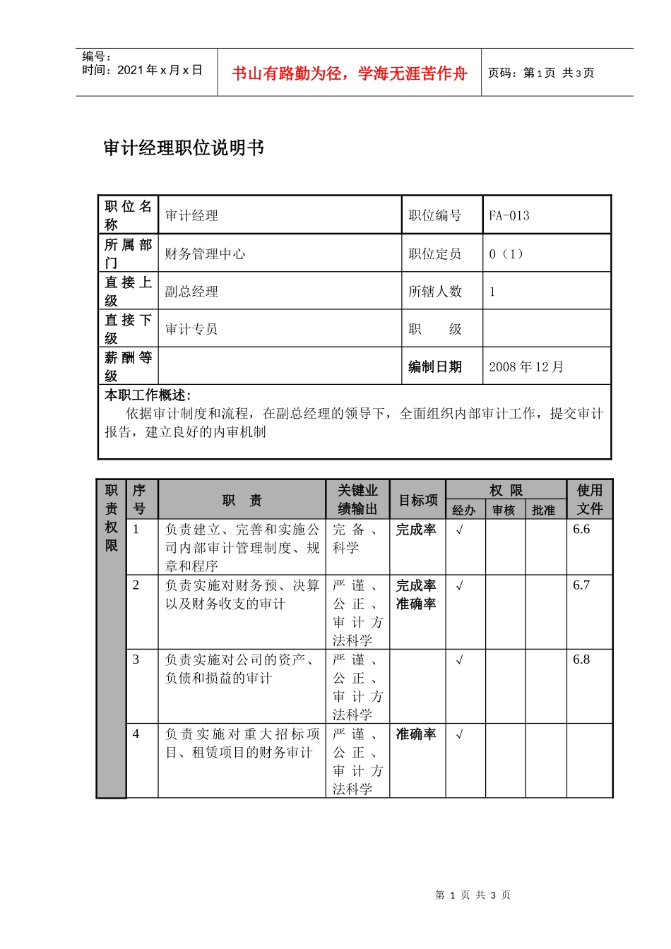 某航空物流公司审计经理职位说明书及关键绩效标准_第1页