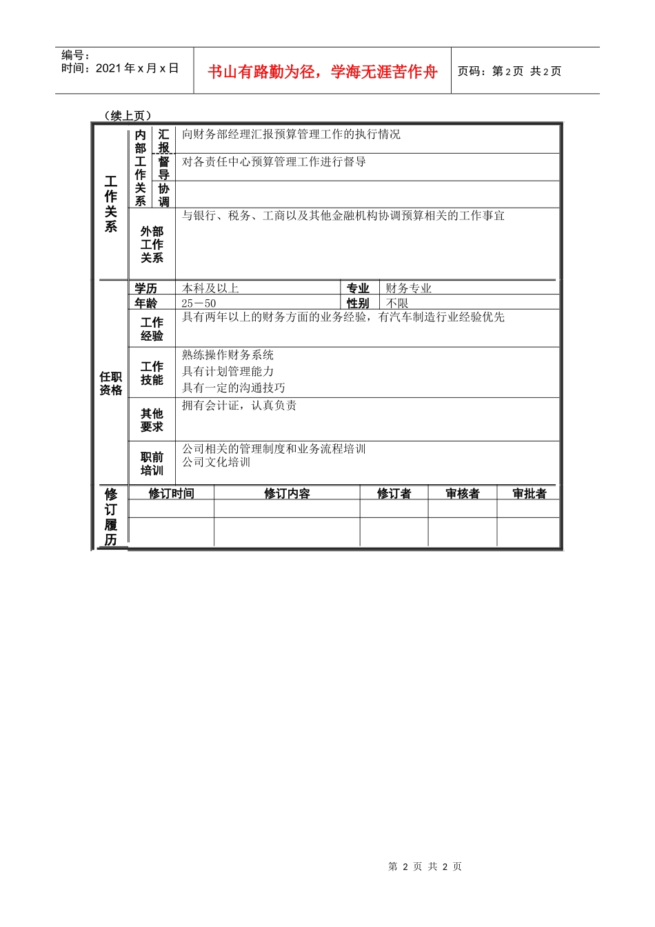 财务部预算主管职务说明书_第2页