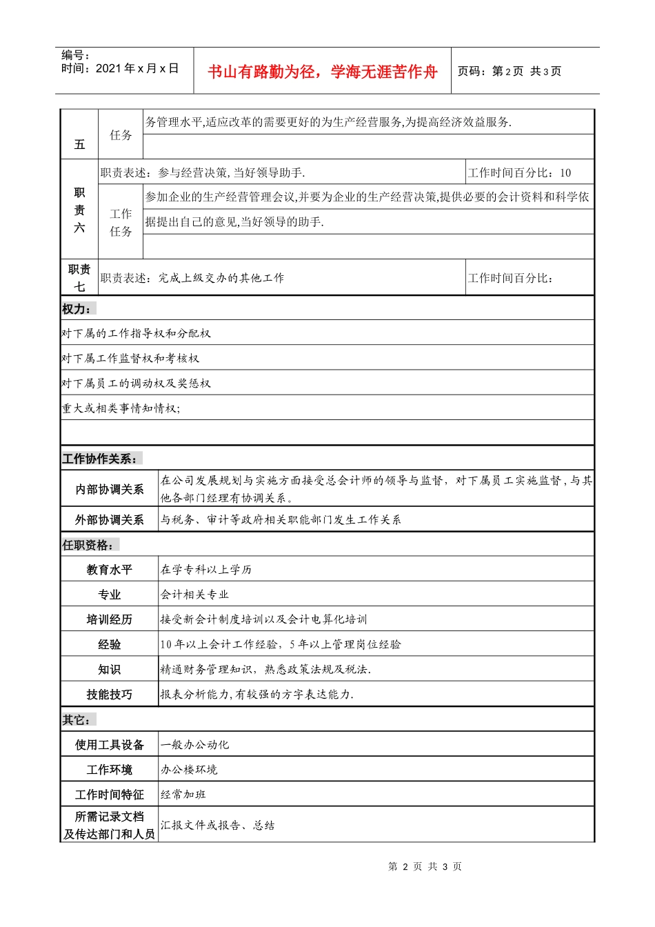 某化纤企业财务管理部经理职务说明书_第2页