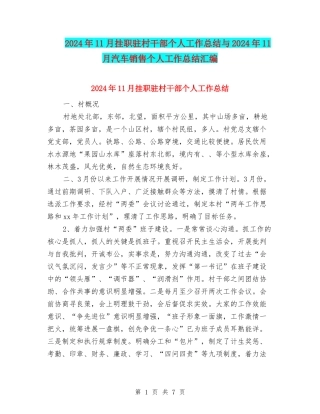 2024年11月挂职驻村干部个人工作总结与2024年11月汽车销售个人工作总结汇编