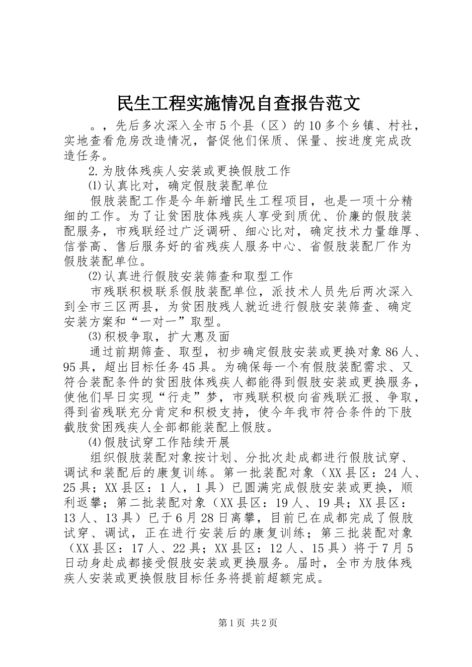 民生工程实施情况自查报告范文_第1页