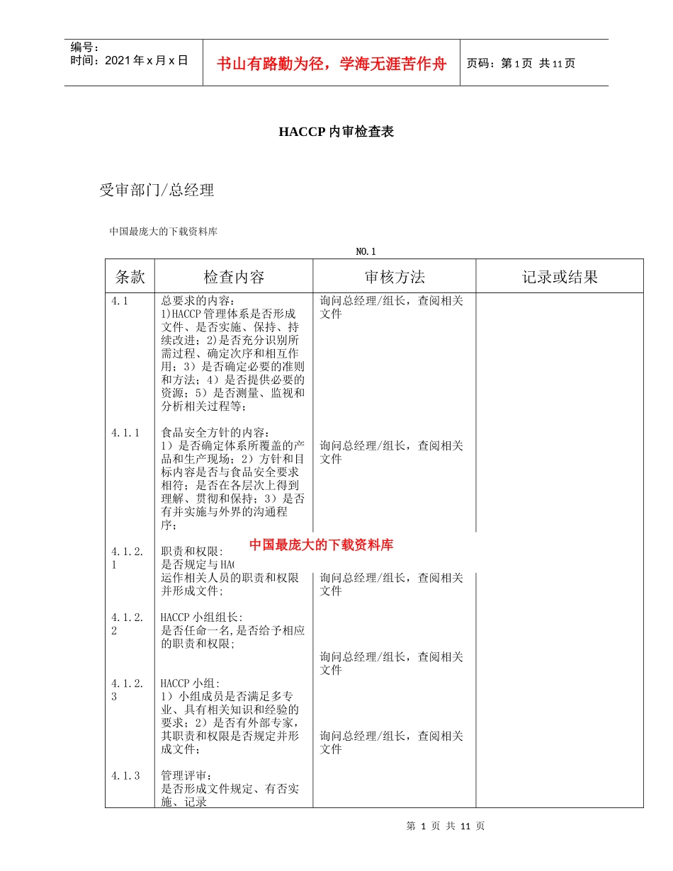 HACCP内审检查表(doc 18)_第1页