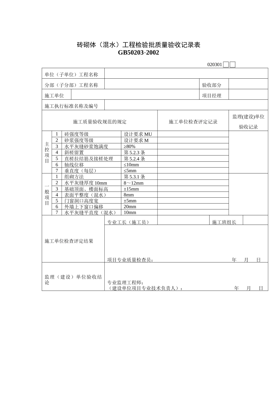砖砌体（混水）工程检验批质量验收记录表_第1页