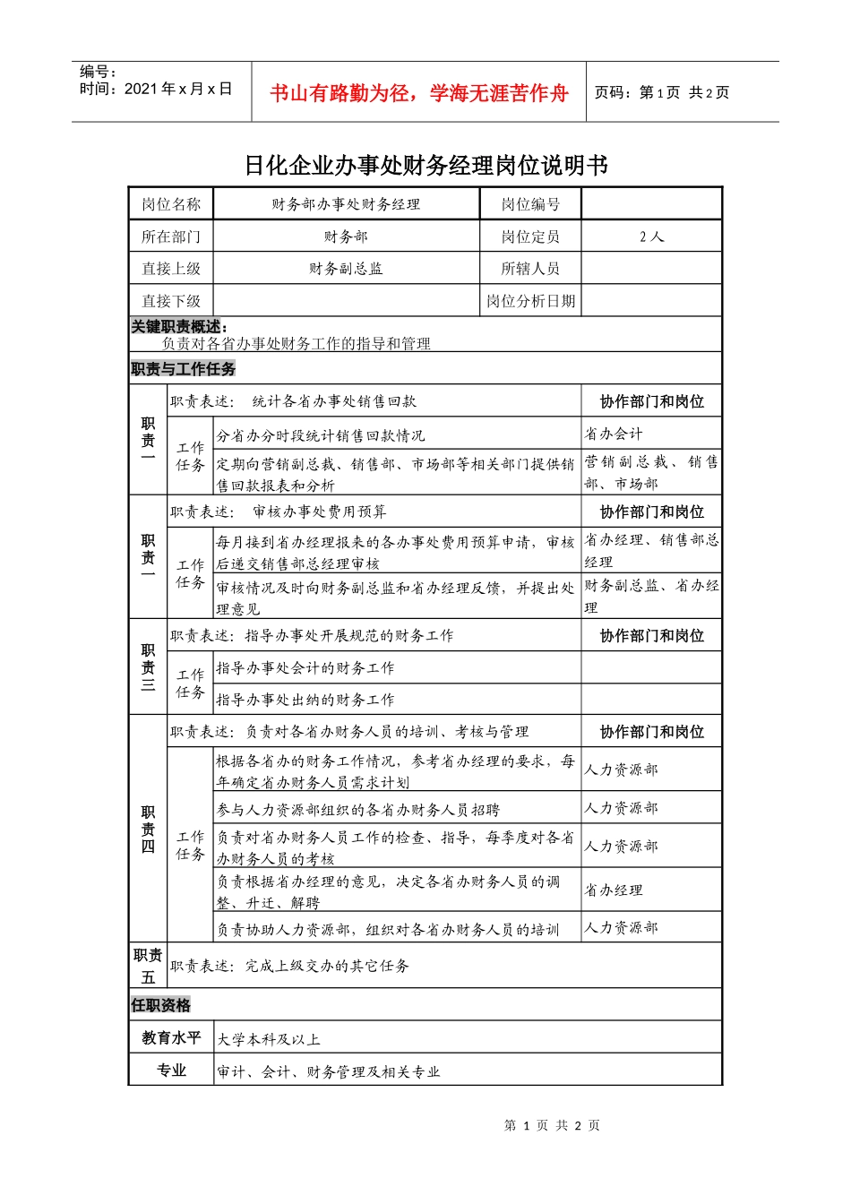 日化企业办事处财务经理岗位说明书_第1页