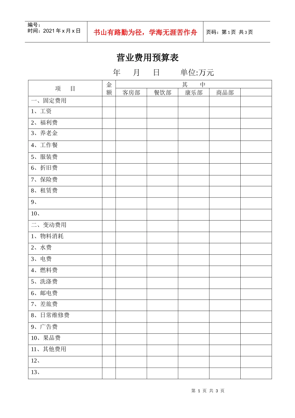 营业费用预算表_第1页