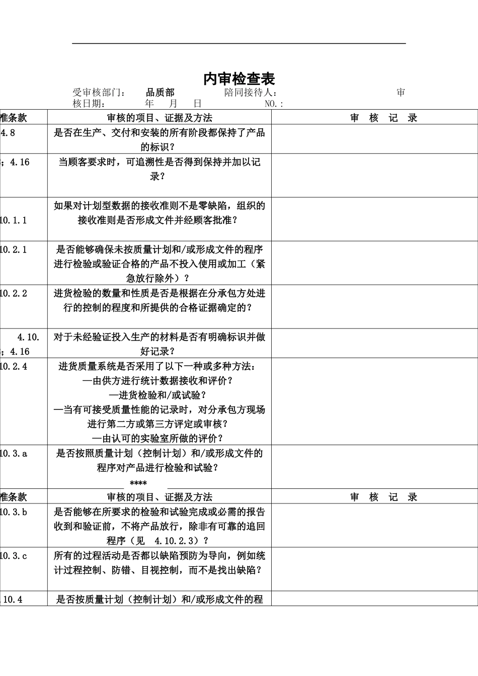 品质部内审检查表_第1页
