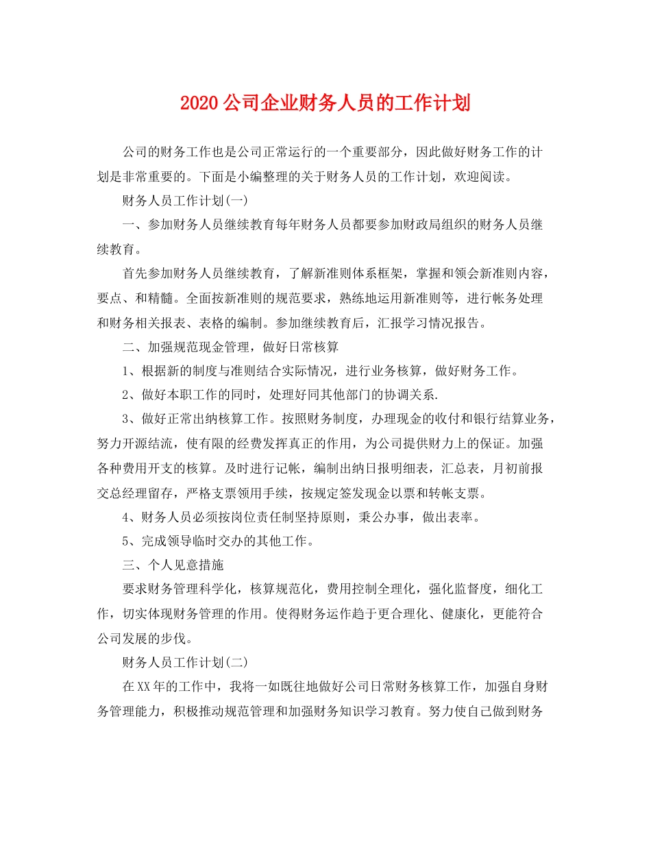 公司企业财务人员的工作计划 _第1页