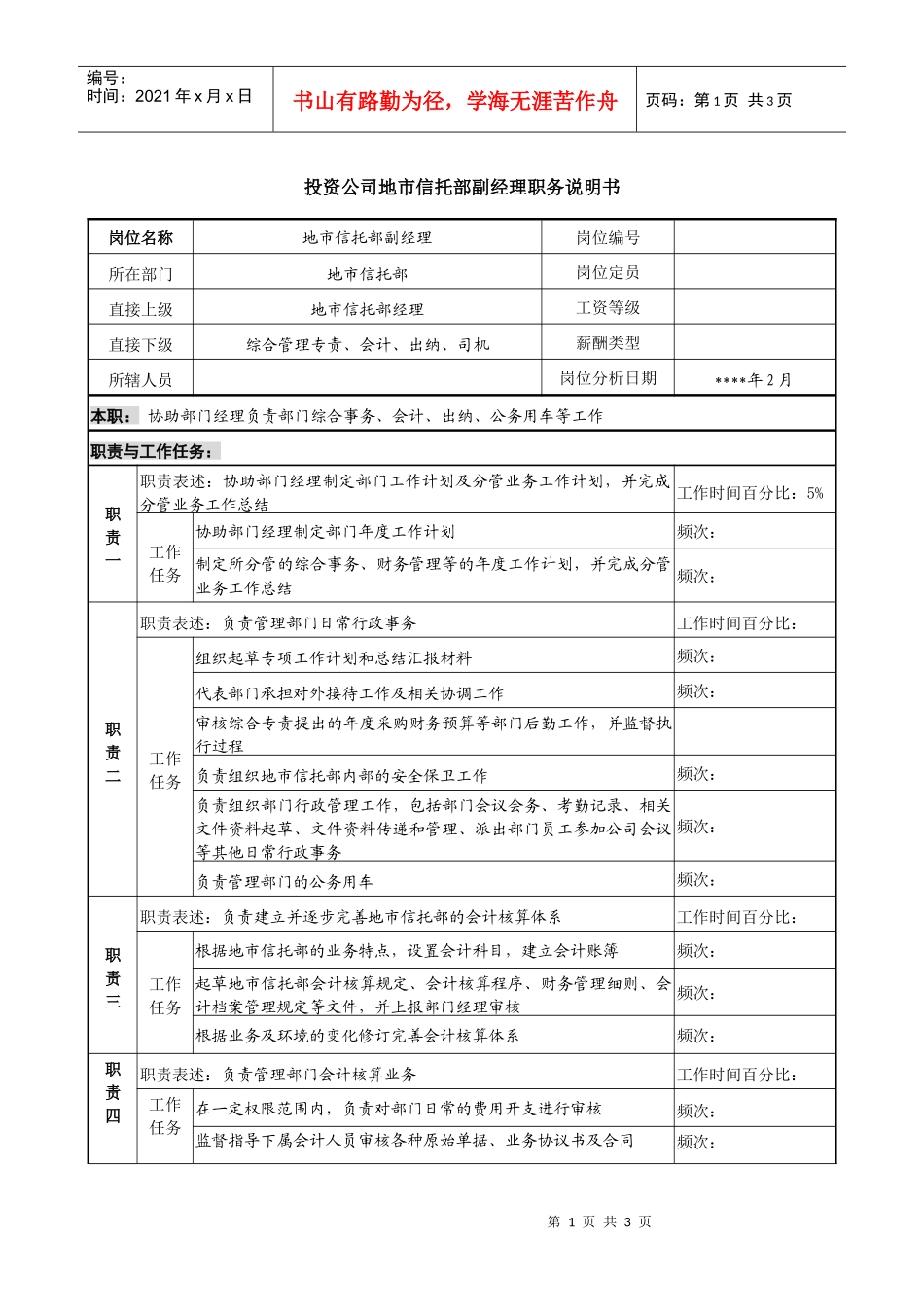 投资公司地市信托部副经理职务说明书_第1页