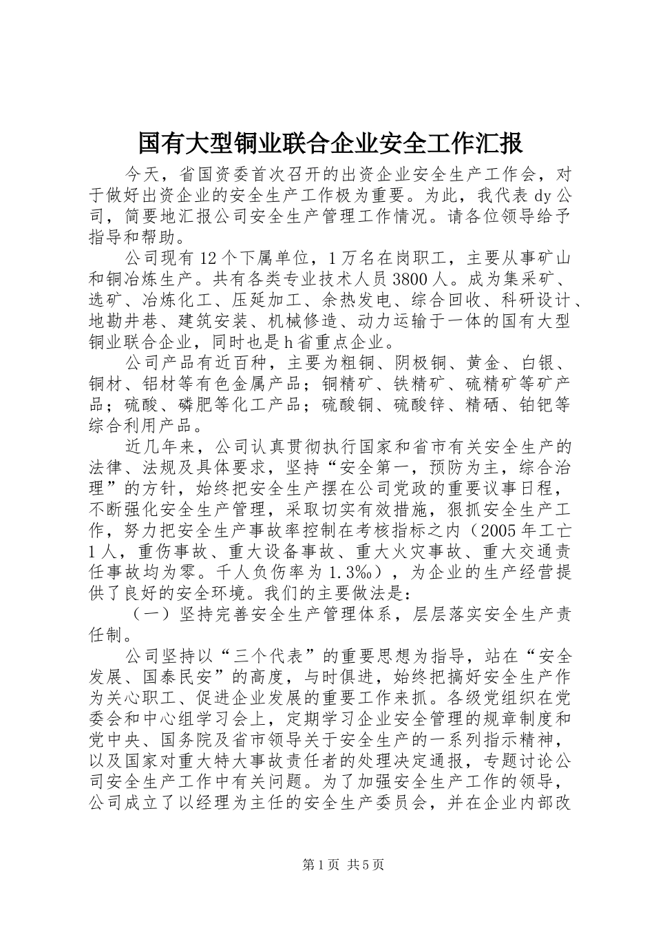 国有大型铜业联合企业安全工作汇报_第1页