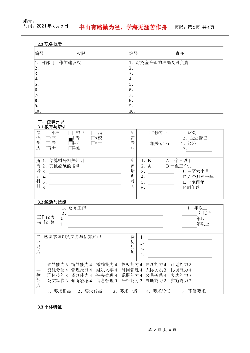 结算财务部出纳职务说明书_第2页